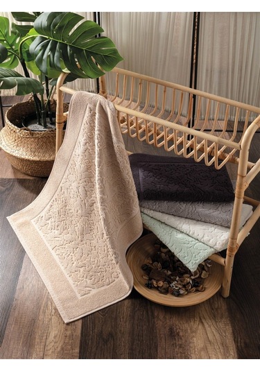 %100 Pamuklu 2'li Ayak Havlusu-damask Desen Ekru