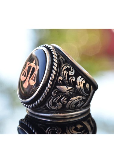 925 Ayar Gümüş Zambak Deseni Büyük Yüzük - Adalet Terazisi Yüzüğü Gümüş