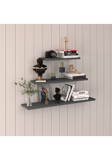 Modern Organizer Düzenleyici Dekoratif Kitaplık Banyo Mutfak 3'lü Duvarrafı Antrasit