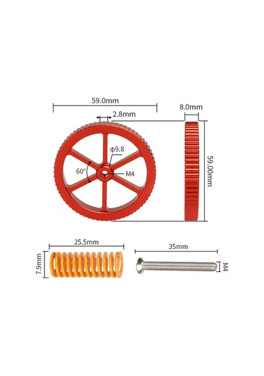 Shineyee Alüminyum Kırmızı 3d Yazıcı Seviye Ayar Tekerlek Seti 4 Tekerlek + 4 Vida + 4 Sarı Yay