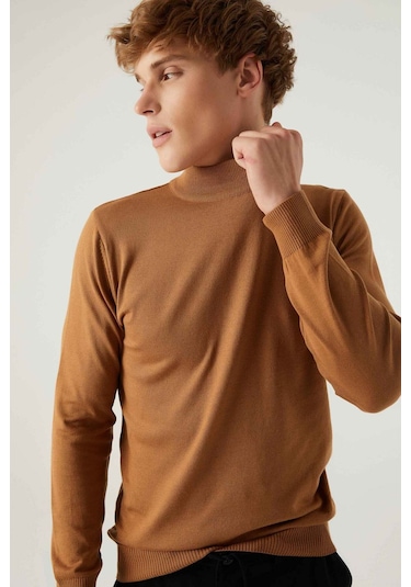 D's Damat Regular Fit Camel Pamuk Karışımlı Yarım Balıkçı Triko Kazak Camel
