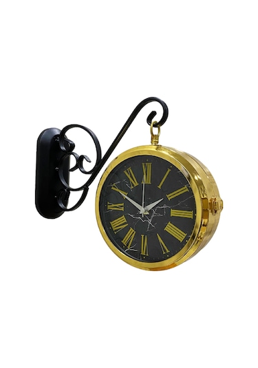 Çift Taraflı Gold Metal Duvara Askılı Salon Otel Duvar Saati A3 Altın