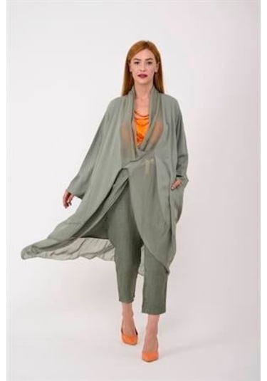 Italyan Ipek Detaylı Oversize Kaftan & Bluz-8711 Açık Haki