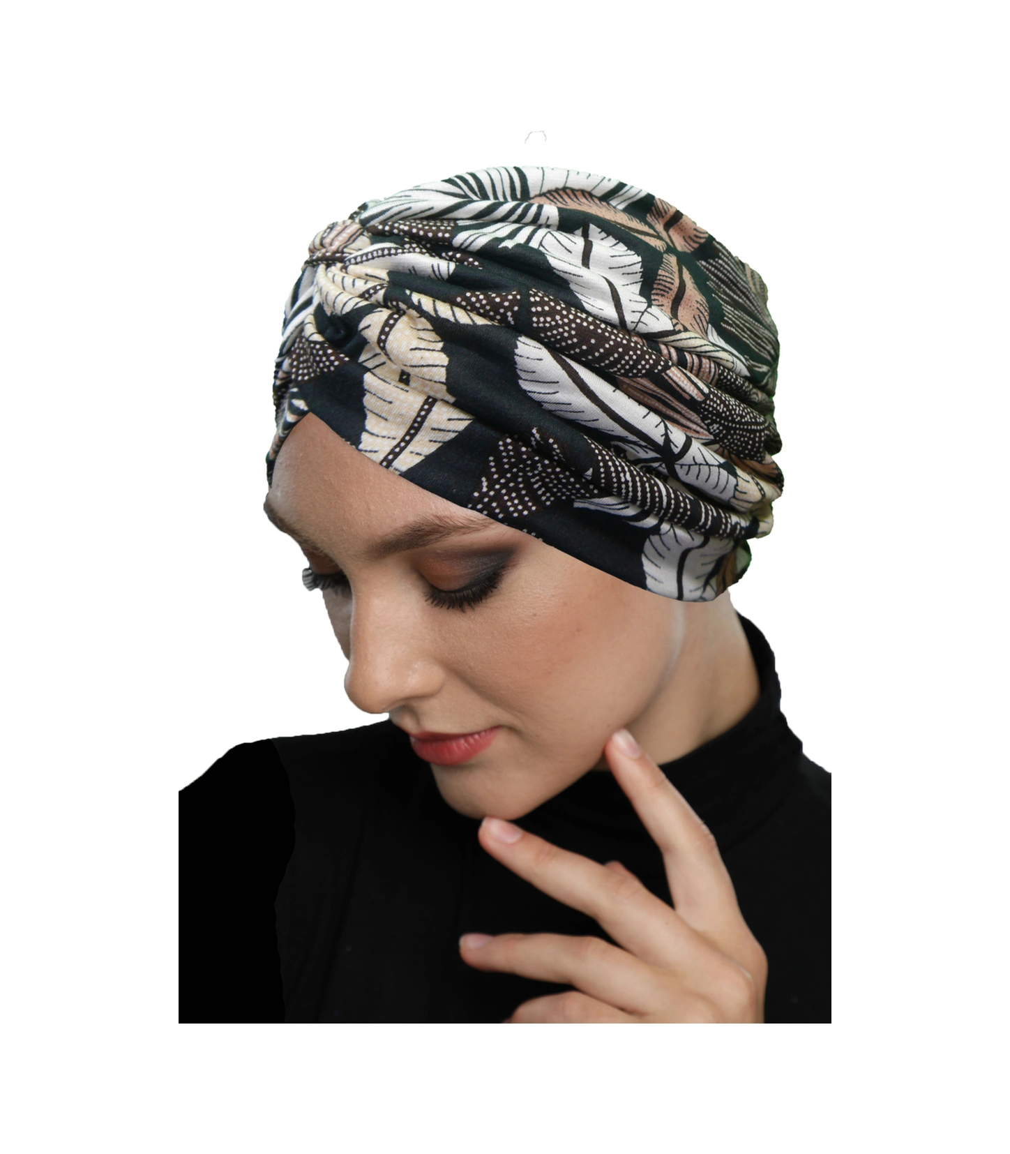 Sonbahar Esintisi Desenli Çapraz Ve Bant Detaylı Astarlı Hazır Türban Tesettür Havuz Bonesi Siyah-bej