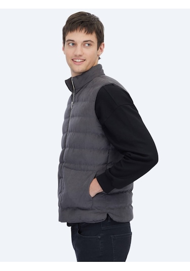 Kip Gri Regular Fit Dik Yaka Casual Dokuma Spor Yelek Gri