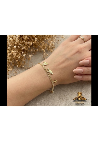 Balık Kalp Yıldız Model Gold Renk Bileklik Altın