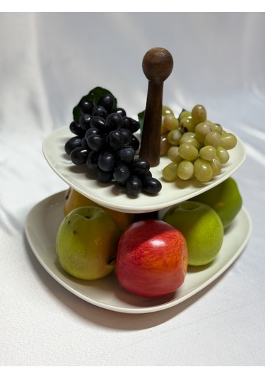 Aless 2 Katlı Asimetrik Tasarım Ahşap Kulplu Sunumluk Meyvelik Çe