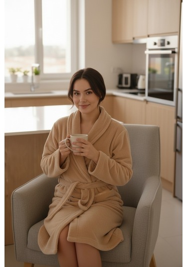 Lumor Şal Yaka Wellsoft Peluş Yumuşak Sabahlık Bej Bej