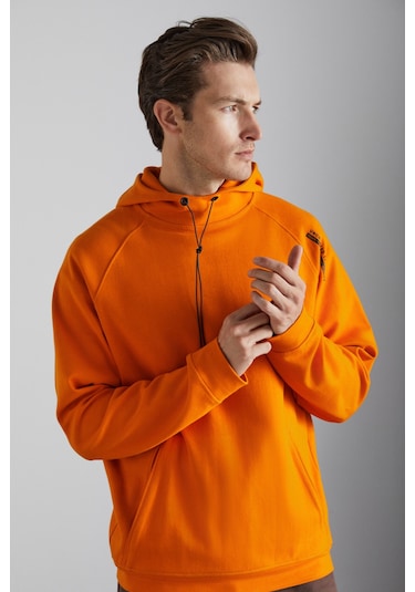 Malagos Erkek Içi Polarlı Yumuşacık 3 Iplik Içi Şardonlu Regular Kapüşonlu Turuncu Sweatshirt