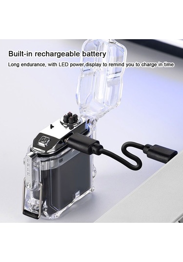 Tenfowee Şeffaf Su Geçirmez Çift Ark Elektronik Çakmak, Rüzgara Dayanıklı Usb Şarjlı Taşınabilir Çakmak, Siyah Dahili Lityum Pil Siyah