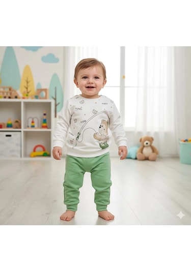 Erkek Bebek Ayıcık Baskılı Alt Üst İkili Gündelik Takım Yeşil