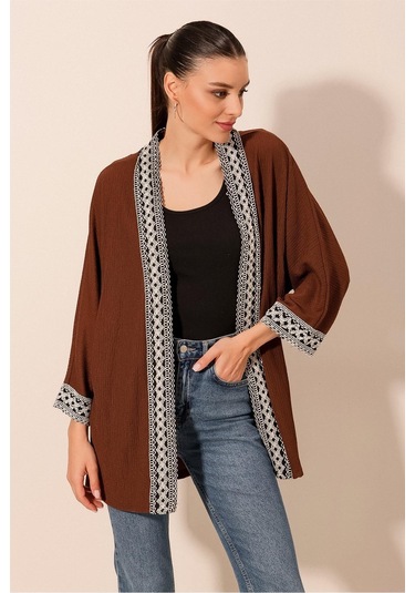 Bigdart 5866 Nakışlı Örme Kimono - Kahverengi 001