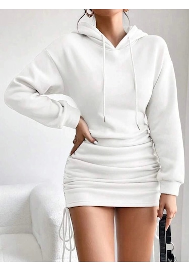 3 İplik Şardonlu Kapşonlu Elbise Beyaz Beyaz