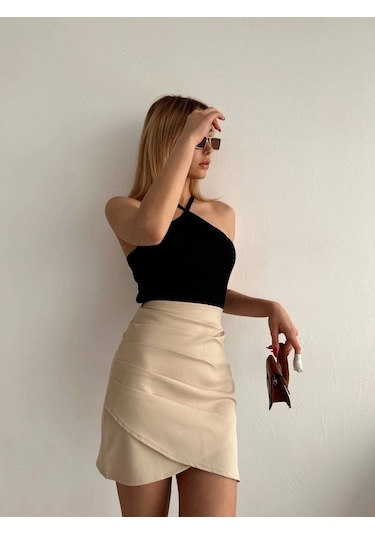 Yandan Drapeli Asimetrik Etek Bej S24771 Bej