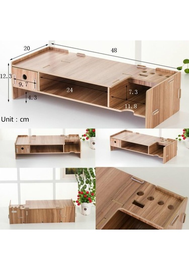 Sones Lcd Ekran Güçlendirici Ahşap Klavye Rafı Masaüstü Depolama Rafı Rafı Kiraz Ağacı