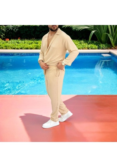 Erkek Bürümcük Krinkıl Kumaş Yazlık Likralı Apaj Yakalı Gömlek Ve Eşofman Takım Kombini Bej