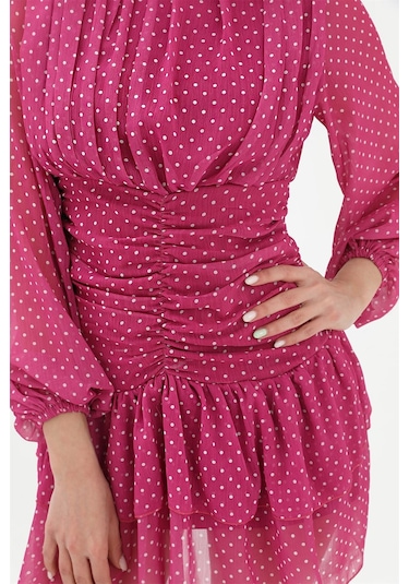 Büzgülü Puantiyeli Şifon Elbise - Fuşya-fuşya Fuşya