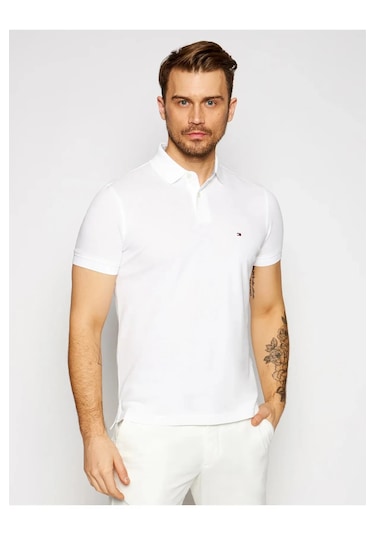 Tommy Hilfiger Polo Yaka Pike Erkek T-shirt Beyaz