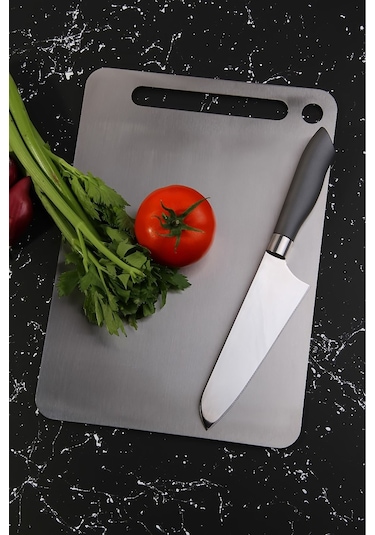 Lüx 34x24 Cm Paslanmaz Çelik Silikonlu Kesim Panosu Metalik