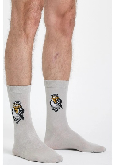 Erkek Pamuklu Özel Desenli Dikişsiz Yumuşak Dokulu Terletmez Rahat Esnek Soket Çorap Açık Gri-penguen