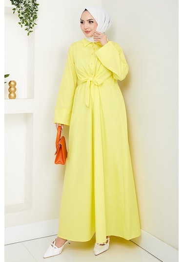 Renda Belden Bağlamalı Elbise 1467 - Sarı Sarı