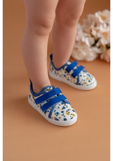 Çiçek Desenli Çift Cırtlı Keten Spor Çocuk Ayakkabısı-saks-f-498 Saks