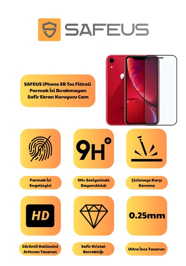 Safeus Tam Kaplayan Toz Filtreli Safir Ekran Koruyucu Cam , İphone Xr İle Uyumlu