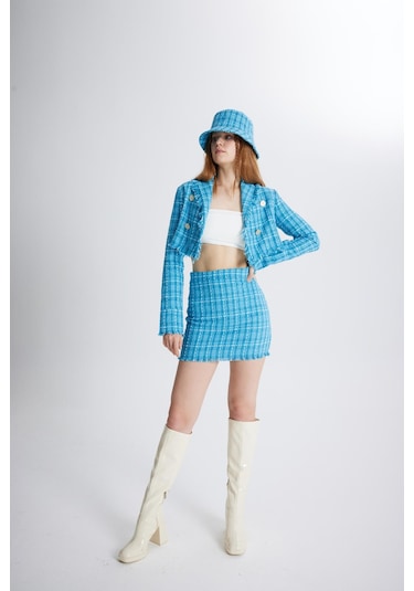 Holly Lolly Tüvit Kumaş Mini Tweed Etek Mavi