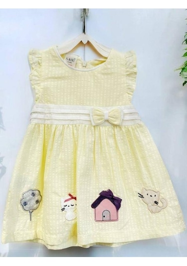 Zekids Kız Bebek Fiyonklu Patch Nakışlı Elbise-14527 Sarı