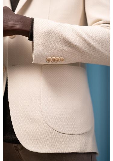 Apartro Regular Fit Mono Yaka Çift Yırtmaç Torba Cep Armürlü Tek Ceket Krem