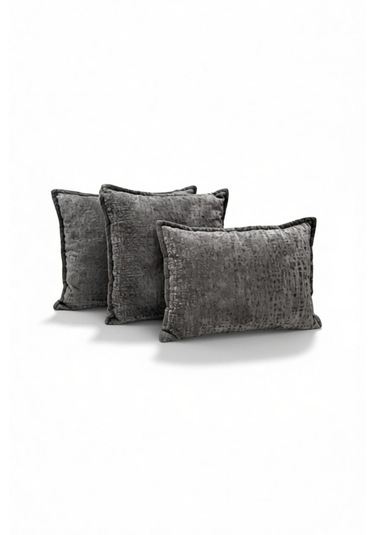 Kırlent İthal Kadife Kumaş 3'lü Set - Yumuşak Dokulu Dekoratif Özel Tasarım Kırlent Kılıfı Koyu Gri