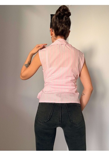 Ali Butik Pembe Çizgili Sıfır Kol Poplin Gömlek Pembe