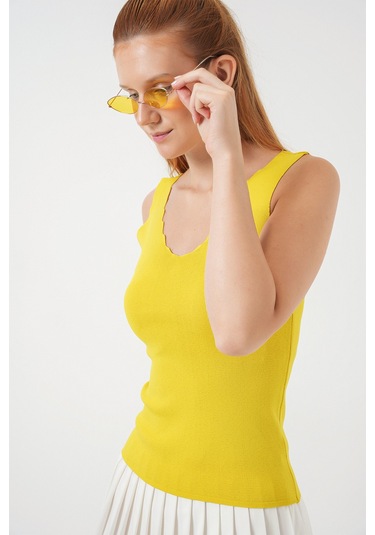 Kadın Zikzaklı V Yaka Bluz 15930 - Sarı Sari