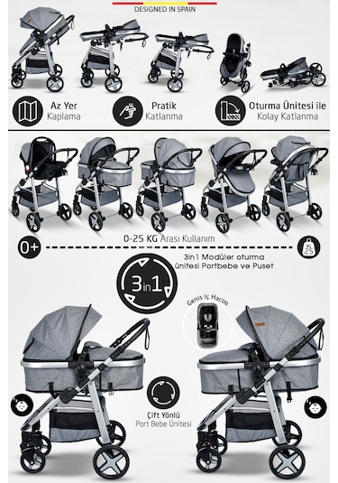 Baby Home 950 Tayla 6 In 1 Mama Tablalı Çift Yönlü Travel Sistem Bebek Arabası Siyah