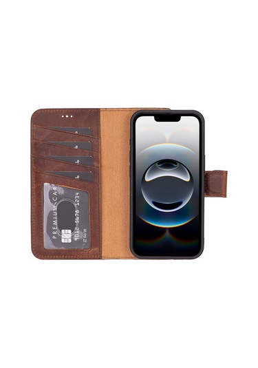 İphone 16e Uyumlu, Hakiki Deri, El Yapımı, Cüzdanlı Kılıf, Antik Kahve Kahverengi