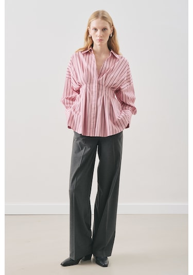 Pile Detaylı Gömlek Pembe Çizgili Pembe Çizgili