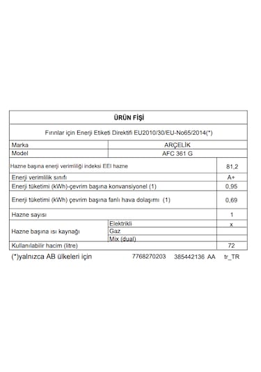 Arçelik AFC 361 G Grion A Fry 72 L Ankastre Fırın