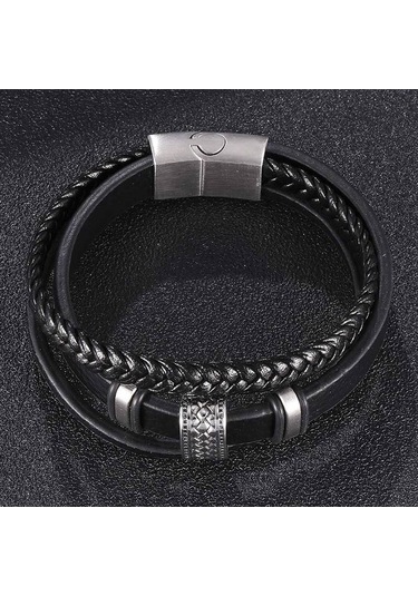 Yeni Moda Erkek Çok Katmanlı Örgülü Deri Bileklikler Paslanmaz Çelik El Takısı Halat Bileklikler Erkek İçin Bileklik Hediye Siyah
