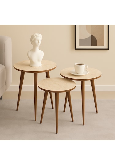 Madrid 3'lü Zigon Sehpa %100 Mdf Yuvarlak Traverten