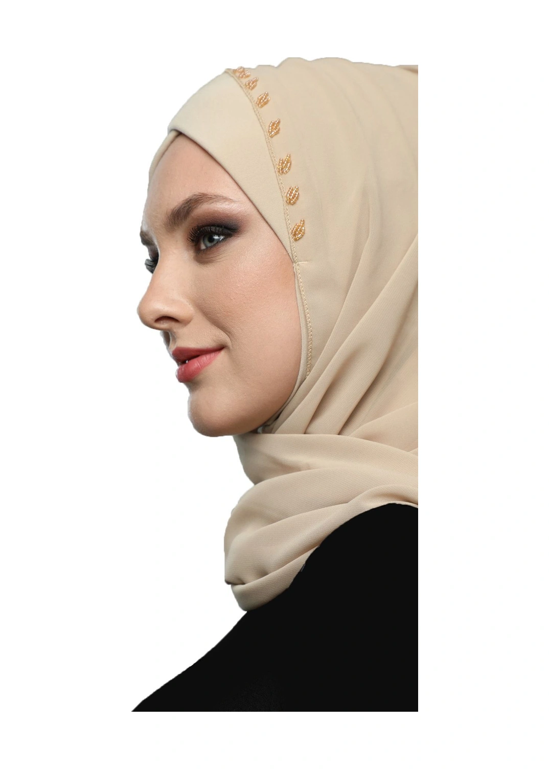 Şallı Takmatik Taşlı Bej Hazır Türban Tesettür Bone Namaz Örtüsü Bej