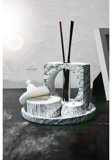 Mermer Desen Tasarım Kokulu Soya Mum, Vazo, Tealightlık, Tepsi Ve 001