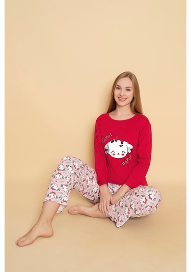 Kadın Penye Sıfır Yaka Uzun Kol Pijama Takımı Kırmızı Happy