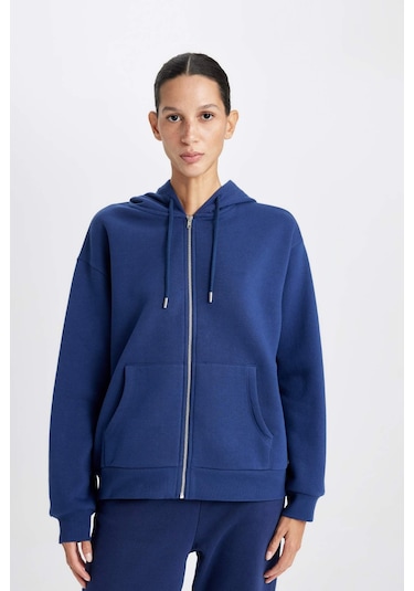 Defacto Relax Fit Kapüşonlu Cepli Basic Düz Fermuarlı Sweatshirt C1809AX24WNNV42 Lacivert