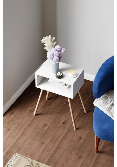 Ahşap Ayaklı Raflı Komodin Beyaz