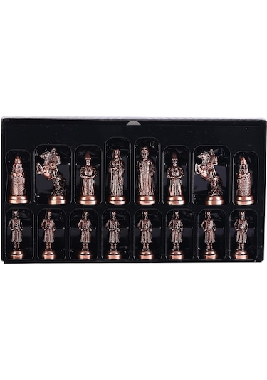 Büyük Boy Metal Osmanlı Bizans Satranç Takımı Antik Ve Katlanır Sedef Desenli Mdf Ahşap Satranç Tahta 43x43 Cm.