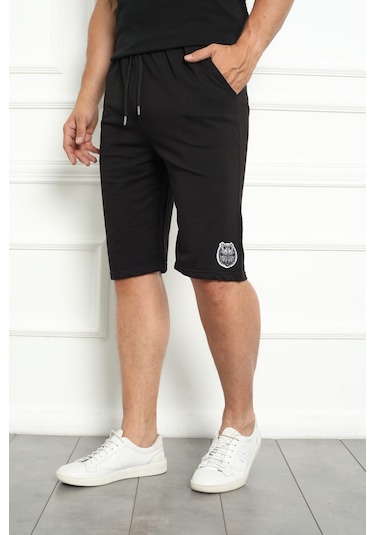 Erkek Şort Bermuda Kurt Armalı Beli Bağcıklı İpli Cepli Büyük Beden Geniş Beden Aralığı Siyah Nıc1067 R19 Siyah