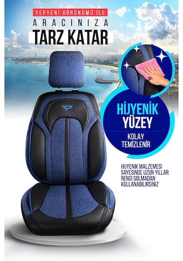 Mavi - Siyah Panda Sevılla Serısı Keten Kumaş Oto Koltuk Kılıfı - Tam Set