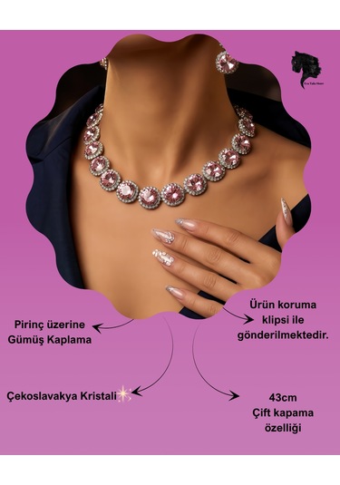Riviere Kristal Taşlı Çiçek Model Pembe Renkli Kolye Küpe Set