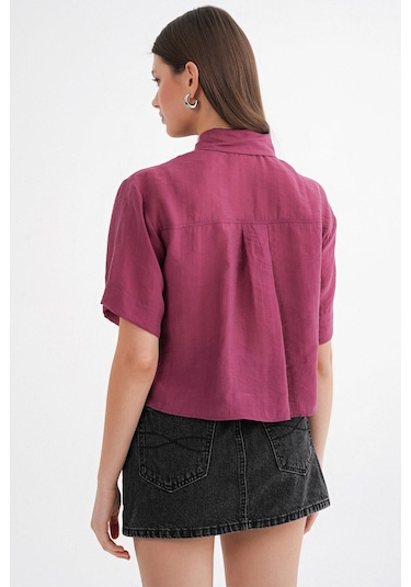 Mixray 4663 Kadın Kombin Düğmeli Crop Gömlek Bordo