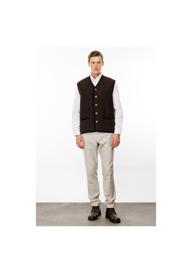Erkek V Yaka Astarlı Saf Yün Keçe Yelek Kahve Kahve